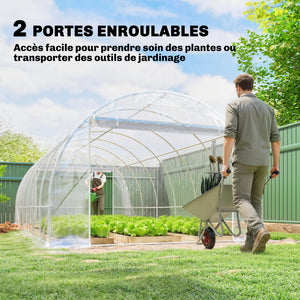 Serre tunnel de jardin 18m², serre de jardin tunnel 296x597x199cm avec cadre acier galvanisé, 2 portes, bâche PE haute densité 150g/m² prolongée de 20 cm, pour extérieur transparent