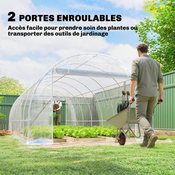 Serre tunnel de jardin 18m², serre de jardin tunnel 296x597x199cm avec cadre acier galvanisé, 2 portes, bâche PE haute densité 150g/m² prolongée de 20 cm, pour extérieur transparent