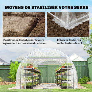 Serre tunnel de jardin 18m², serre de jardin tunnel 296x597x199cm avec cadre acier galvanisé, 2 portes, bâche PE haute densité 150g/m² prolongée de 20 cm, pour extérieur transparent