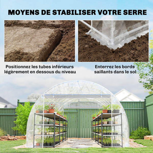 Serre tunnel de jardin 18m², serre de jardin tunnel 296x597x199cm avec cadre acier galvanisé, 2 portes, bâche PE haute densité 150g/m² prolongée de 20 cm, pour extérieur transparent