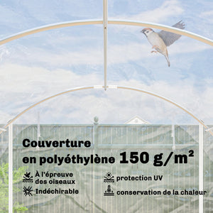 Serre tunnel de jardin 18m², serre de jardin tunnel 296x597x199cm avec cadre acier galvanisé, 2 portes, bâche PE haute densité 150g/m² prolongée de 20 cm, pour extérieur transparent