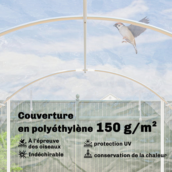 Serre tunnel de jardin 18m², serre de jardin tunnel 296x597x199cm avec cadre acier galvanisé, 2 portes, bâche PE haute densité 150g/m² prolongée de 20 cm, pour extérieur transparent