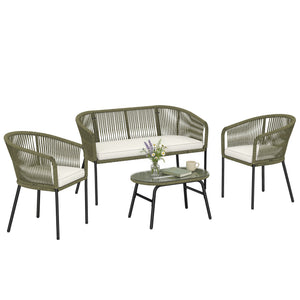 Salon de Jardin Extérieur 4 Places - PP Rond Tressé avec Canapé 2 Places, 2 Fauteuils et Table Basse Verre Trempé - Mobilier de Jardin pour Balcon Terrasse avec Coussins Déhoussables, Crème