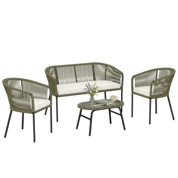 Salon de Jardin Extérieur 4 Places - PP Rond Tressé avec Canapé 2 Places, 2 Fauteuils et Table Basse Verre Trempé - Mobilier de Jardin pour Balcon Terrasse avec Coussins Déhoussables, Crème