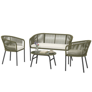 Salon de Jardin Extérieur 4 Places - PP Rond Tressé avec Canapé 2 Places, 2 Fauteuils et Table Basse Verre Trempé - Mobilier de Jardin pour Balcon Terrasse avec Coussins Déhoussables, Crème