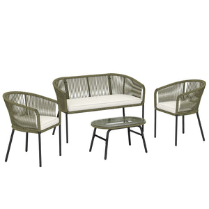 Salon de Jardin Extérieur 4 Places - PP Rond Tressé avec Canapé 2 Places, 2 Fauteuils et Table Basse Verre Trempé - Mobilier de Jardin pour Balcon Terrasse avec Coussins Déhoussables, Crème