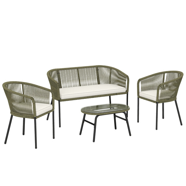 Salon de Jardin Extérieur 4 Places - PP Rond Tressé avec Canapé 2 Places, 2 Fauteuils et Table Basse Verre Trempé - Mobilier de Jardin pour Balcon Terrasse avec Coussins Déhoussables, Crème