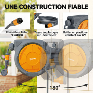 Enrouleur Tuyau Arrosage Mural 30 m x Ø 15 mm, Dévidoir Automatique de Tuyaux d'Eau Rétractable Automatique Pivotant à 180°, Buse à 7 Modes, pour Jardin et Lavage de Voiture, Orange