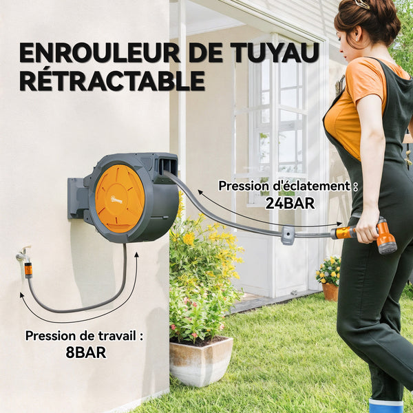 Enrouleur Tuyau Arrosage Mural 30 m x Ø 15 mm, Dévidoir Automatique de Tuyaux d'Eau Rétractable Automatique Pivotant à 180°, Buse à 7 Modes, pour Jardin et Lavage de Voiture, Orange