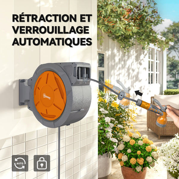 Enrouleur Tuyau Arrosage Mural 30 m x Ø 15 mm, Dévidoir Automatique de Tuyaux d'Eau Rétractable Automatique Pivotant à 180°, Buse à 7 Modes, pour Jardin et Lavage de Voiture, Orange