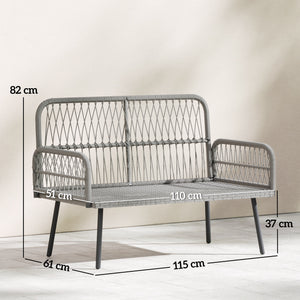 Canapé de jardin avec coussins et oreillers 2 places en résine tressée, canapé d'extérieur avec accoudoirs, cadre en acier galvanisé pour balcon, gris foncé
