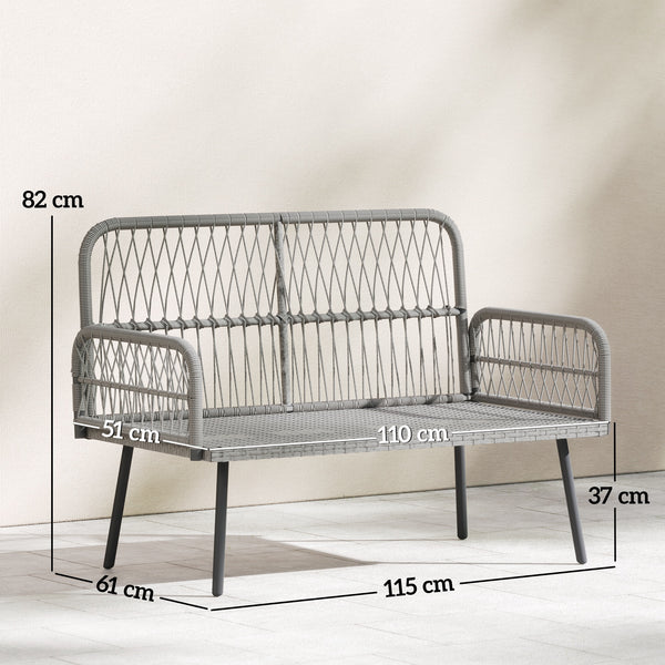 Canapé de jardin avec coussins et oreillers 2 places en résine tressée, canapé d'extérieur avec accoudoirs, cadre en acier galvanisé pour balcon, gris foncé