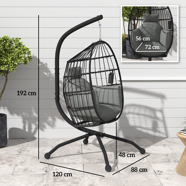 Fauteuil suspendu, fauteuil oeuf suspendu panier pliable, chaise hamac balançoire, avec coussin rembourré, oreiller, porte-gobelet, pour intérieur et extérieur, gris foncé
