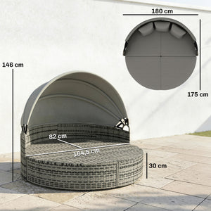 Bain de soleil rond, lit de jardin extérieur modulable 3 PSC en résine tressée avec auvent rétractable, coussins et oreillers, chaise longue relax pour piscine, terrasse, véranda, gris clair