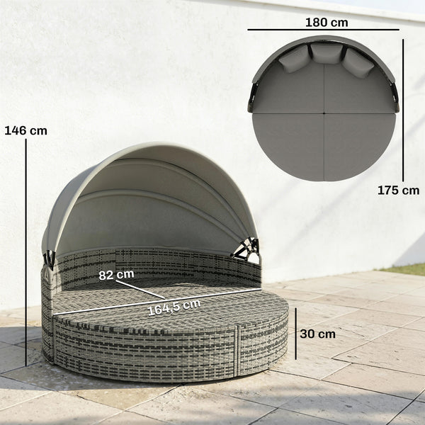 Bain de soleil rond, lit de jardin extérieur modulable 3 PSC en résine tressée avec auvent rétractable, coussins et oreillers, chaise longue relax pour piscine, terrasse, véranda, gris clair