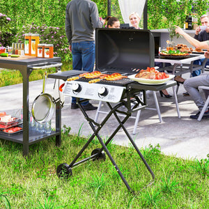 Barbecue gaz transportable pliable, 2 brûleurs 5,6 kW barbecue gaz de camping avec grille de cuisson, étagères latérales, couvercle, thermomètre et roues, pour camping, jardin et balcon noir