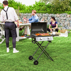 Barbecue gaz transportable pliable, 2 brûleurs 5,6 kW barbecue gaz de camping avec grille de cuisson, étagères latérales, couvercle, thermomètre et roues, pour camping, jardin et balcon noir