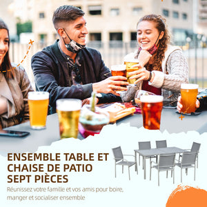 Ensemble de jardin 6 chaise + 1 table en acier salon de jardin 7 pièces chaises empilables plateau en verre trempé gris