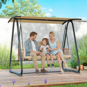 Balancelle de Jardin 3 Places avec Toit Réglable UPF 30+ - Structure Acier Robuste 360kg, Coussin Grand Confort 7cm - Banc Suspendu Extérieur pour Terrasse, Sable