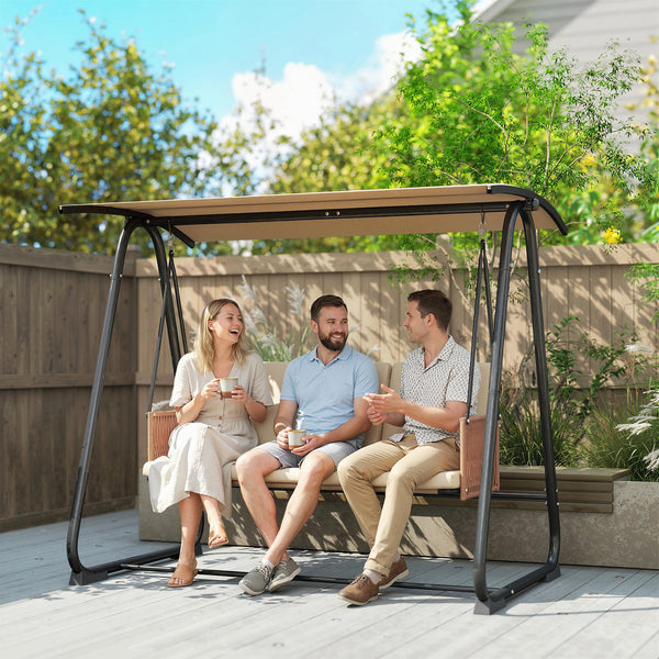 Balancelle de Jardin 3 Places avec Toit Réglable UPF 30+ - Structure Acier Robuste 360kg, Coussin Grand Confort 7cm - Banc Suspendu Extérieur pour Terrasse, Sable