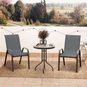 3 pièces salon de jardin extérieur, ensemble de meubles 2 fauteuils empilables, table basse avec dessus en verre trempé, tissu en textilène, pour patio, terrasse, balcon, gris foncé