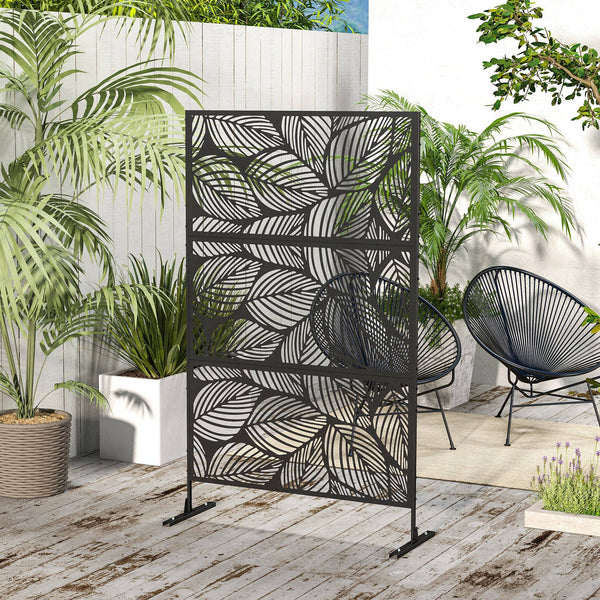 Panneau brise vue décoratif paravent extérieur noir à motif végétal en acier - 122 x 45 x 198 cm, noir
