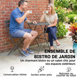 Ensemble Bistrot de Jardin 3 Pièces san Montage - Table et 2 Chaises Pliantes à Lattes en Métal avec Double Protection Antirouille - Mobilier de Balcon et Terrasse Chic, Noir