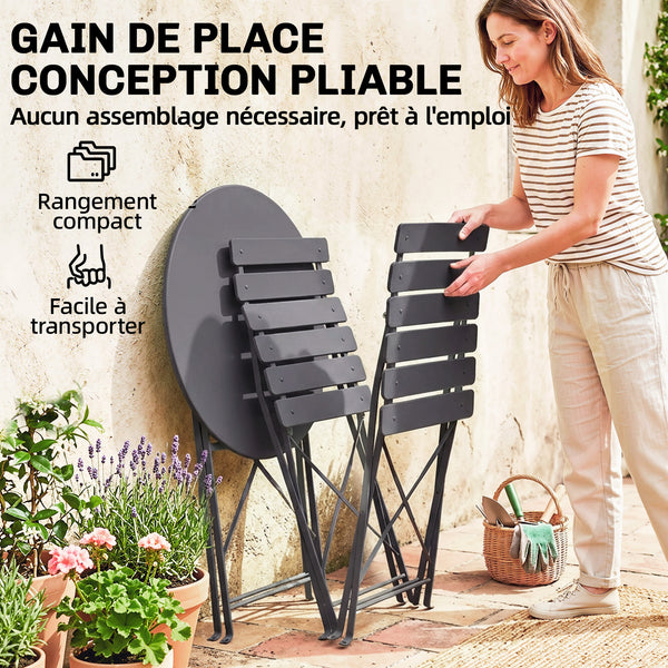 Ensemble Bistrot de Jardin 3 Pièces san Montage - Table et 2 Chaises Pliantes à Lattes en Métal avec Double Protection Antirouille - Mobilier de Balcon et Terrasse Chic, Noir