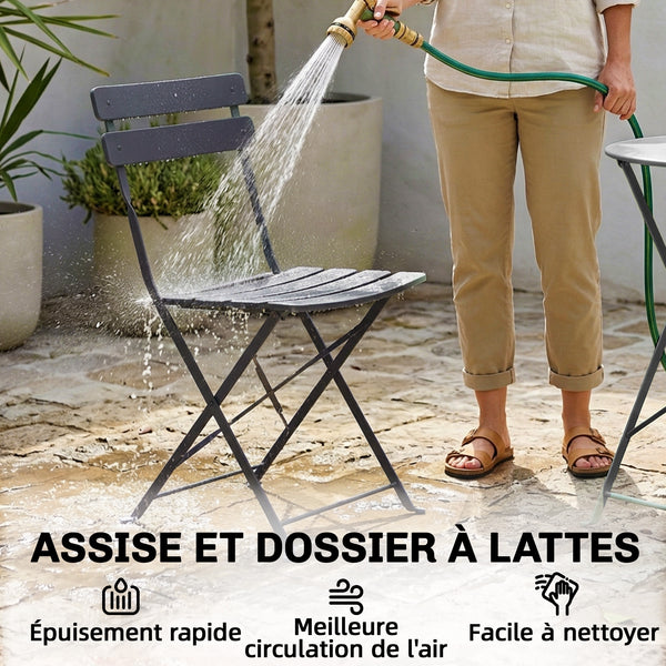 Ensemble Bistrot de Jardin 3 Pièces san Montage - Table et 2 Chaises Pliantes à Lattes en Métal avec Double Protection Antirouille - Mobilier de Balcon et Terrasse Chic, Noir