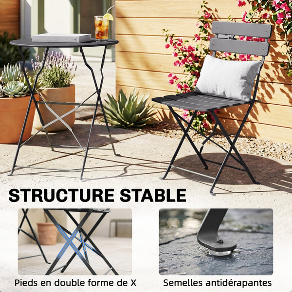Ensemble Bistrot de Jardin 3 Pièces san Montage - Table et 2 Chaises Pliantes à Lattes en Métal avec Double Protection Antirouille - Mobilier de Balcon et Terrasse Chic, Noir