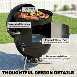 Fumoir 3 en 1, avec 3 Grilles de Cuisson Ø44 cm, Thermomètre Intégré, Ventilation Réglable, Couvercle Amovible, Poignée Isolée, Barbecue Charbon de Bois pour Camping Fêtes Pique-niques, Noir