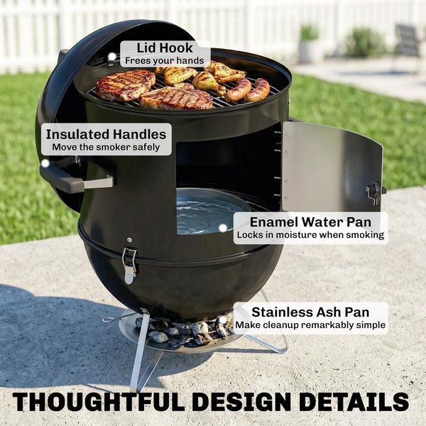 Fumoir 3 en 1, avec 3 Grilles de Cuisson Ø44 cm, Thermomètre Intégré, Ventilation Réglable, Couvercle Amovible, Poignée Isolée, Barbecue Charbon de Bois pour Camping Fêtes Pique-niques, Noir
