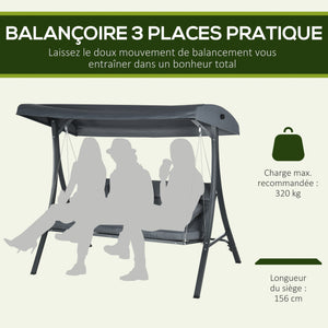 Balancelle de jardin 3 places grand confort inclinaison toit réglable matelas fourni acier polyester dim. 202L x 115l x 168H cm gris foncé