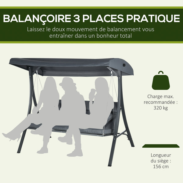 Balancelle de jardin 3 places grand confort inclinaison toit réglable matelas fourni acier polyester dim. 202L x 115l x 168H cm gris foncé