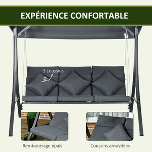 Balancelle de jardin 3 places grand confort inclinaison toit réglable matelas fourni acier polyester dim. 202L x 115l x 168H cm gris foncé