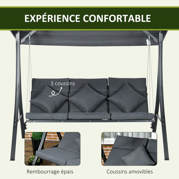 Balancelle de jardin 3 places grand confort inclinaison toit réglable matelas fourni acier polyester dim. 202L x 115l x 168H cm gris foncé