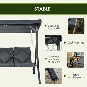 Balancelle de jardin 3 places grand confort inclinaison toit réglable matelas fourni acier polyester dim. 202L x 115l x 168H cm gris foncé