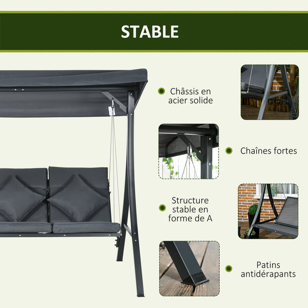 Balancelle de jardin 3 places grand confort inclinaison toit réglable matelas fourni acier polyester dim. 202L x 115l x 168H cm gris foncé