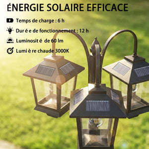 Lampadaire extérieur sur pied à 3 têtes, lampadaire solaire extérieur, éclairage LED, capteur automatique crépuscule à l'aube, IP44, hauteur 188 cm, pour jardin, cour ou allée, noir