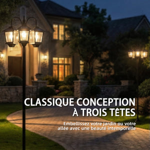Lampadaire extérieur sur pied à 3 têtes, lampadaire solaire extérieur, éclairage LED, capteur automatique crépuscule à l'aube, IP44, hauteur 188 cm, pour jardin, cour ou allée, noir