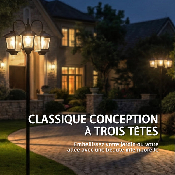 Lampadaire extérieur sur pied à 3 têtes, lampadaire solaire extérieur, éclairage LED, capteur automatique crépuscule à l'aube, IP44, hauteur 188 cm, pour jardin, cour ou allée, noir