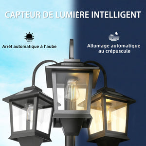 Lampadaire extérieur sur pied à 3 têtes, lampadaire solaire extérieur, éclairage LED, capteur automatique crépuscule à l'aube, IP44, hauteur 188 cm, pour jardin, cour ou allée, noir