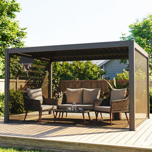 Pergola bioclimatique 4x3m, pergola aluminium avec lames orientables, manivelle, stores latéraux coupe-vent, tonnelle de jardin abri terrasse, protection soleil, imperméable, gris foncé