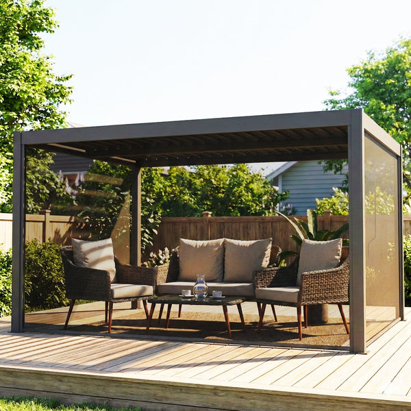 Pergola bioclimatique 4x3m, pergola aluminium avec lames orientables, manivelle, stores latéraux coupe-vent, tonnelle de jardin abri terrasse, protection soleil, imperméable, gris foncé