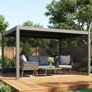 Pergola bioclimatique 4x3m, pergola aluminium avec lames orientables, manivelle, stores latéraux coupe-vent, tonnelle de jardin abri terrasse, protection soleil, imperméable, gris foncé