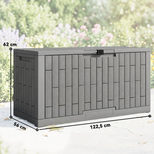 Coffre de Rangement Extérieur 379 L Verrouillable avec Vérin à Gaz, Boîte de Jardin en Aspect Bois Résistant aux UV, pour Outils Accessoires, 122,5x56x62cm, Gris
