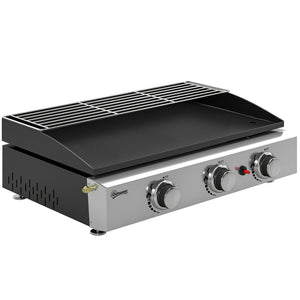 Plancha Gaz avec 3 brûleurs en Acier Inoxydable, 7,5 kW, Barbecue à Gaz avec Plaque Émaillée Résistante à Chaleur et Facile à Nettoyer, Barbecue de Table avec Grille de Réchauffage, Noir