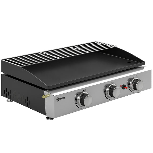 Plancha Gaz avec 3 brûleurs en Acier Inoxydable, 7,5 kW, Barbecue à Gaz avec Plaque Émaillée Résistante à Chaleur et Facile à Nettoyer, Barbecue de Table avec Grille de Réchauffage, Noir