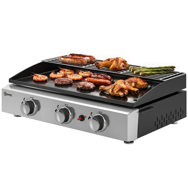 Plancha Gaz avec 3 brûleurs en Acier Inoxydable, 7,5 kW, Barbecue à Gaz avec Plaque Émaillée Résistante à Chaleur et Facile à Nettoyer, Barbecue de Table avec Grille de Réchauffage, Noir