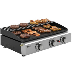 Plancha Gaz avec 3 brûleurs en Acier Inoxydable, 7,5 kW, Barbecue à Gaz avec Plaque Émaillée Résistante à Chaleur et Facile à Nettoyer, Barbecue de Table avec Grille de Réchauffage, Noir